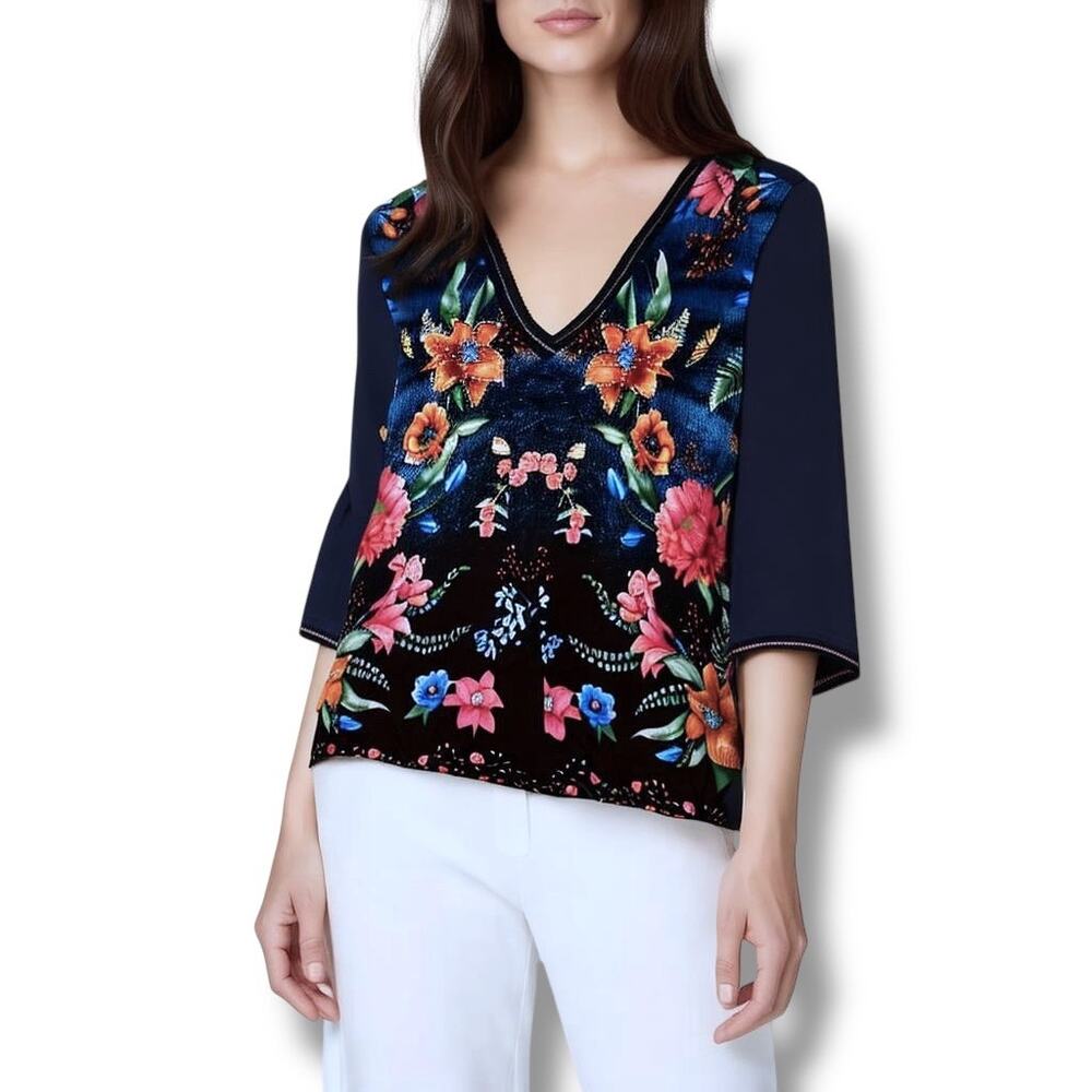 Desigual Size L Embellished Floral V-Neck Blouse Maximalist Dark Fairy Grunge